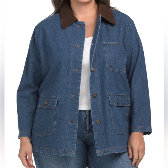 🔹️Avec Les Filles🔹️Denim Blue/brown Plus Barncoat Jacket - Picture 1 of 2